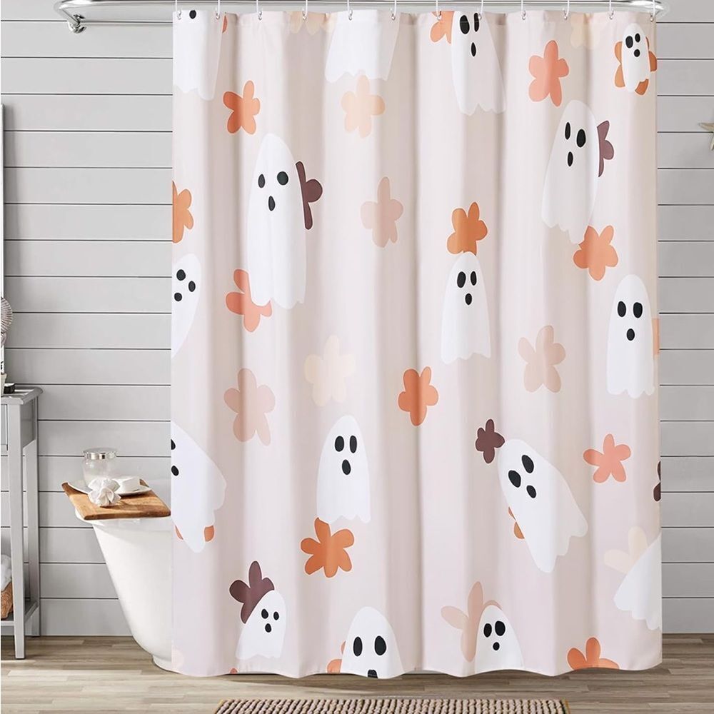 Floral Ghost Bathroom Shower Curtain Set With Hooks,  Heavy Duty Fabric, 72 X 72